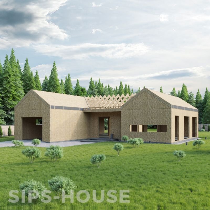 Structural SIPS house kit showing insulated panels and timber frame construction